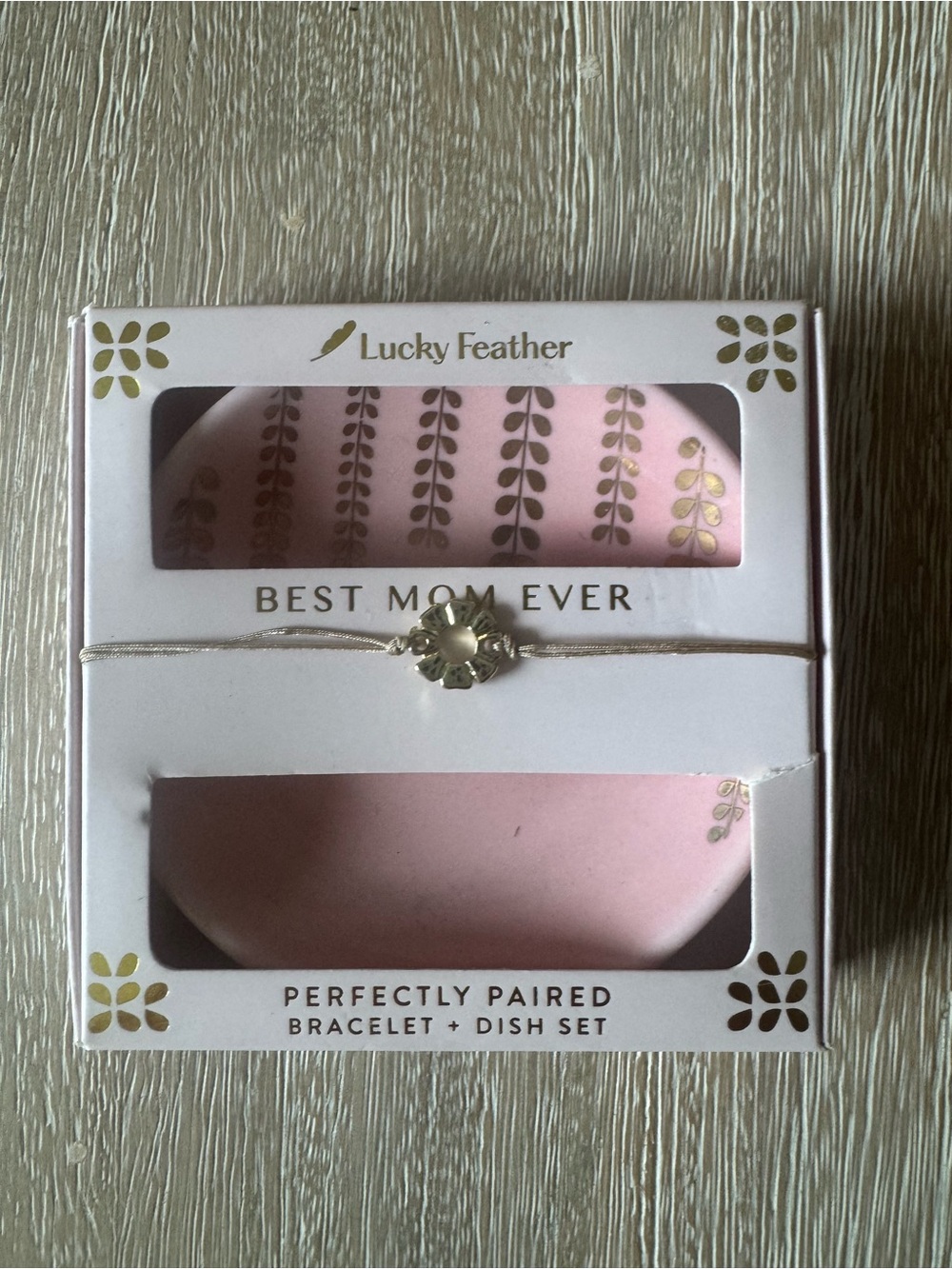 Lucky Feather "Best Mom Ever" Pink Bracelet and Trinket Dish Set